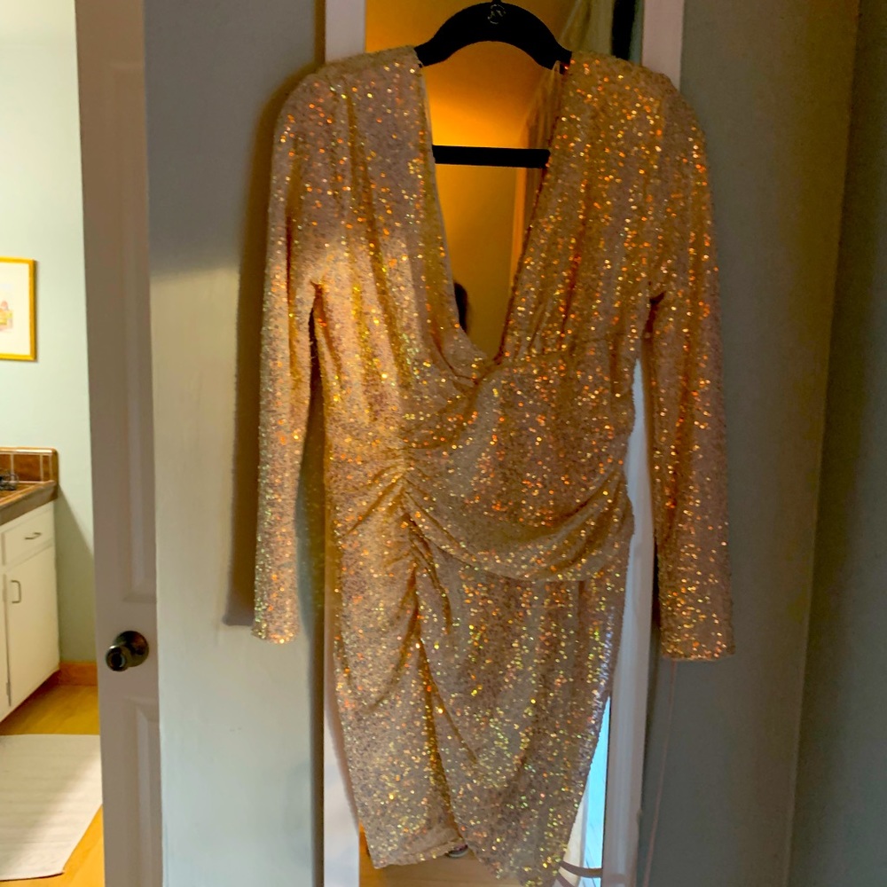 Emprada Never Worn Cream White V Neck Wrap Sequin Dress